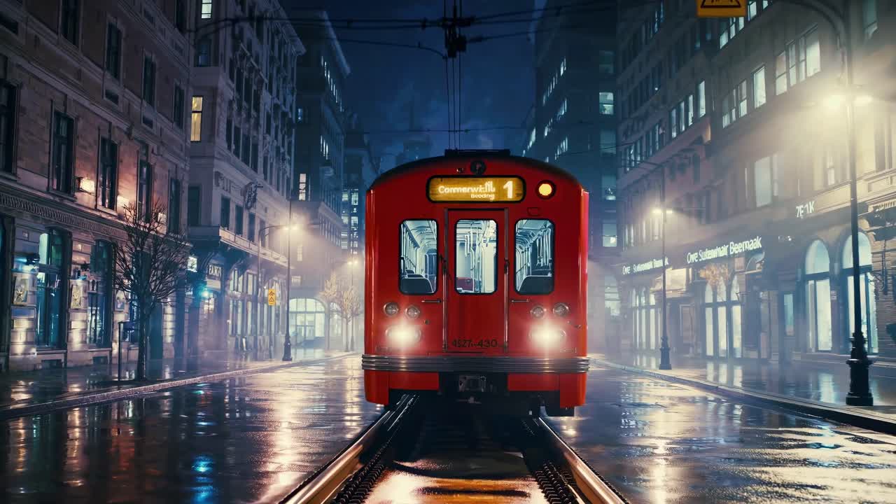 Nighttime urban scene with a red tram on wet streets, captured from a low angle