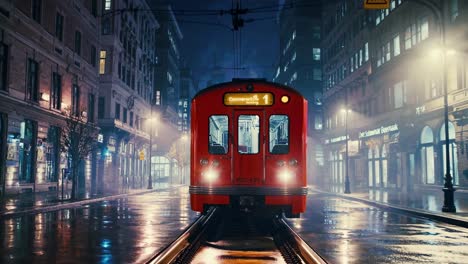 nighttime urban scene with a red tram on wet streets, captured from a low angle