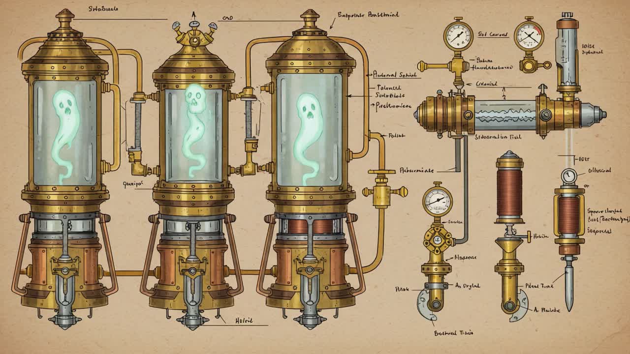 An Innovative Steampunk Apparatus Featuring Ghostly Figures Enclosed in Glass Canisters with Intricate Tubing and Pressure Gauges for Scientific Exploration
