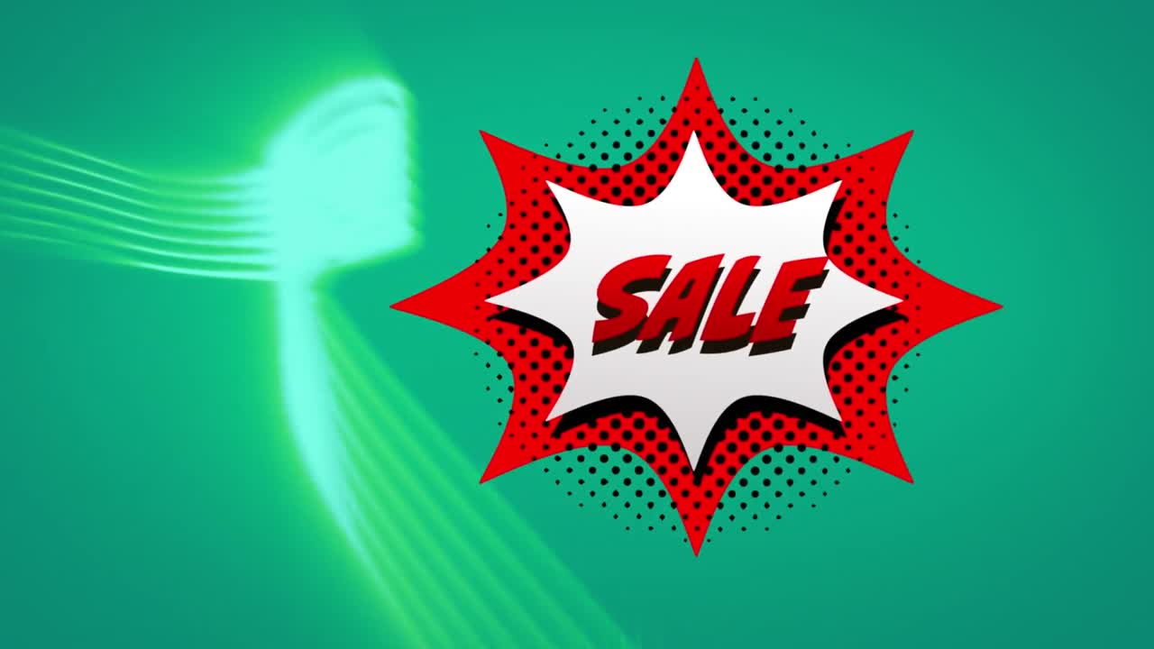 녹색 배경의 디지털 파도에 대한 레트로 음성 거품에 대한 판매 텍스트