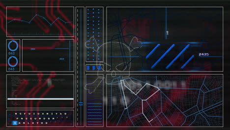 Futuristic data processing and analysis animation over digital maps and graphs