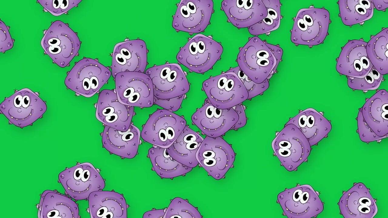 Personagens de bactérias de desenho animado roxos e fofos caem e quicam contra um fundo de tela verde vibrante.