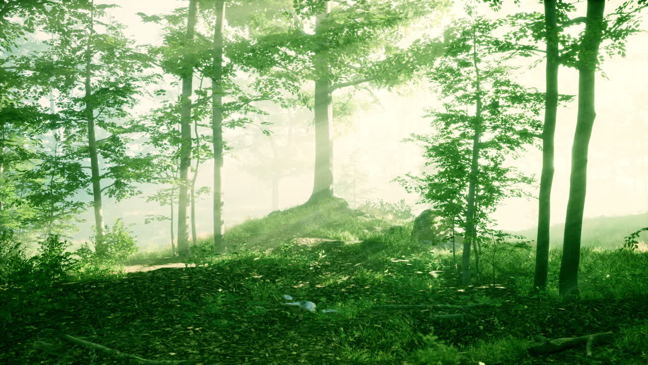 안개가 많은 아침에 숲 속의  ⁇ 빛