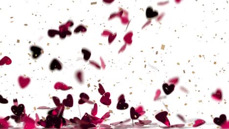 animation of red hearts and confetti falling on white background