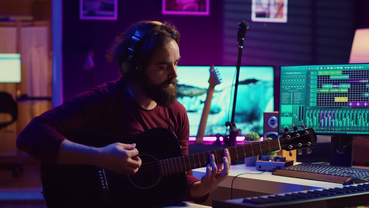 Skilled artist recording his guitar song to mix on daw software