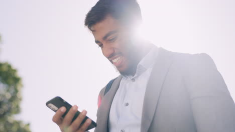 phone, celebration and a winner business man