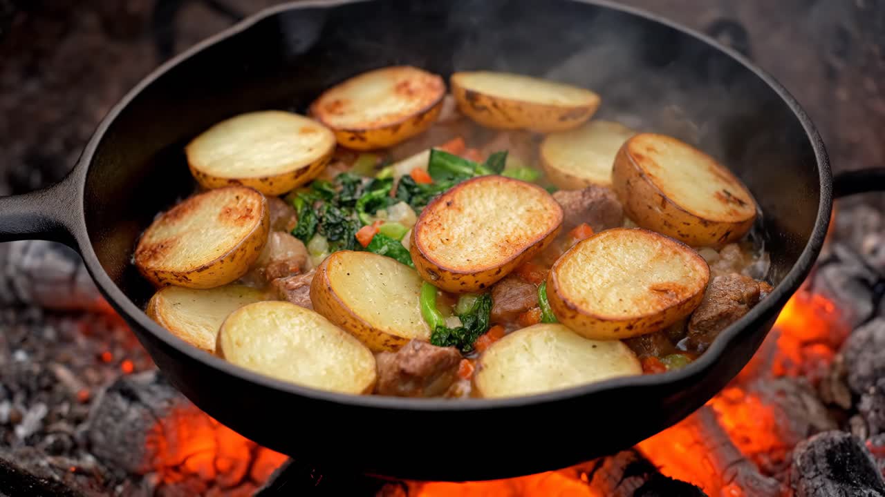 Stew with Potatoes in a Cast Iron Skillet Over a Campfire