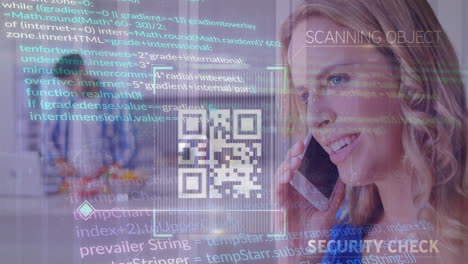 animación de código qr y lenguaje informático sobre mujer caucásica hablando en teléfono inteligente