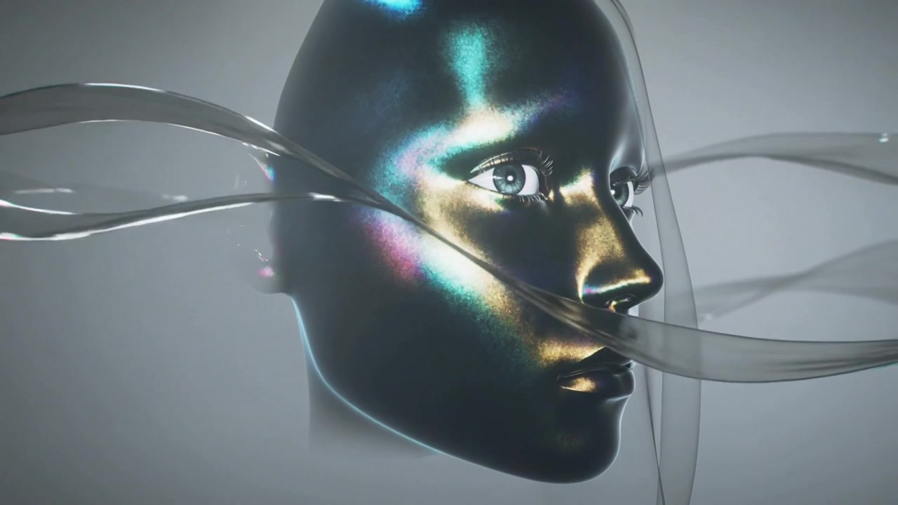 Sweeping ribbons from left edge crossing 3D metallic head at grey studio, revealing iridescent eye
