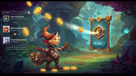A whimsical character stands amidst a fantastical landscape, joyfully interacting with floating coins and a treasure display, showcasing a unique blend of fantasy and adventure