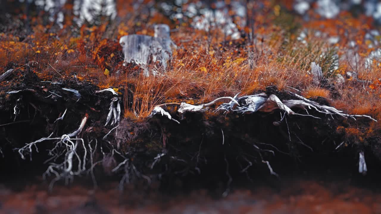 Una vista ravvicinata di radici e ceppi d'albero esposti in una foresta autunnale, con un fogliame vibrante arancione e marrone.