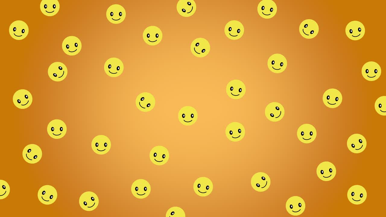 animación de bucle sin costuras con muchos iconos de sonrisas que se mueven en un fondo amarillo