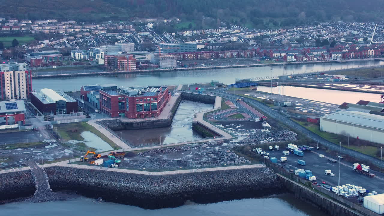 Swansea Marina in Early Morning with Residential Houses in Background and Nearby Queen's Dock and Warehouses