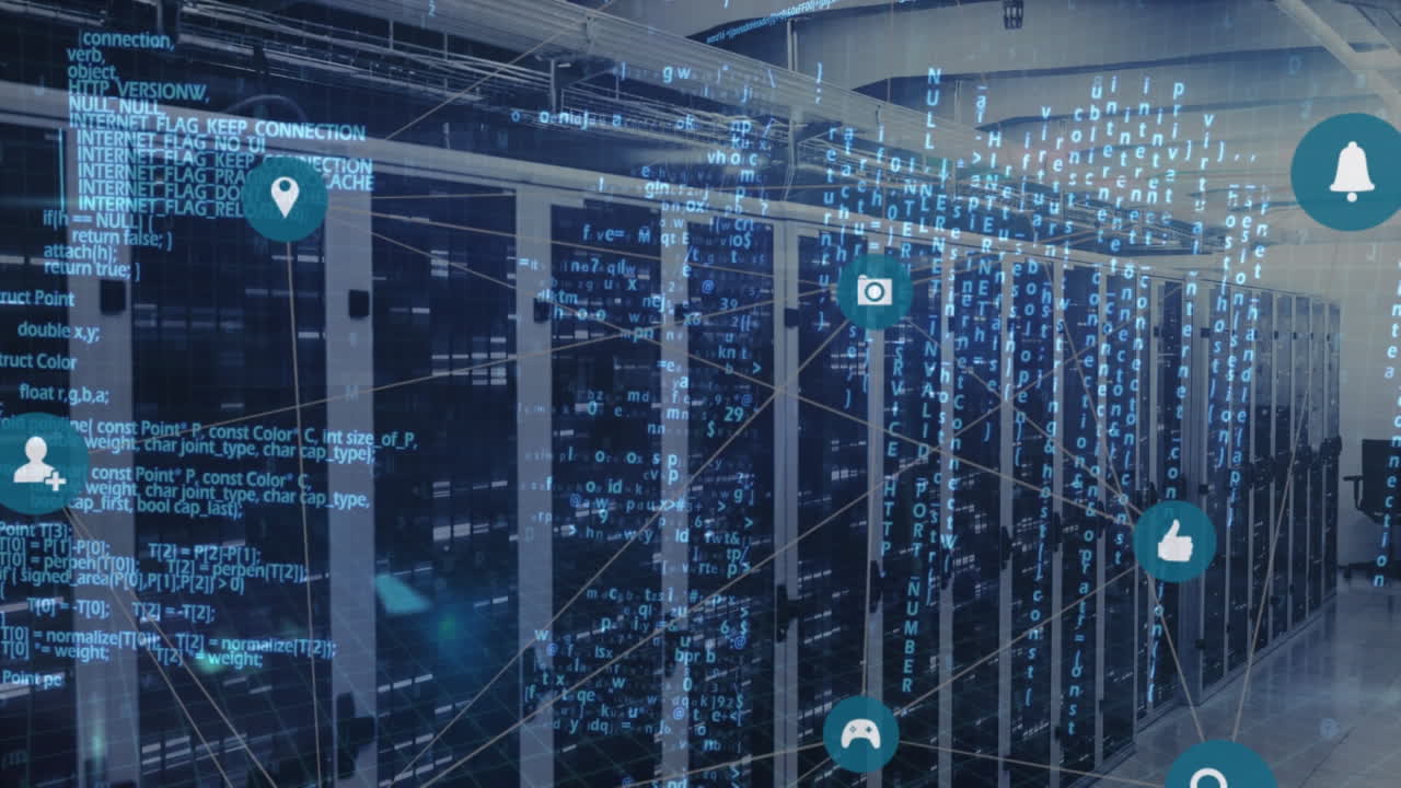 Animation of data processing and media icons over server room