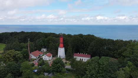 drone shot of rozewie lighthouse with sea in the background