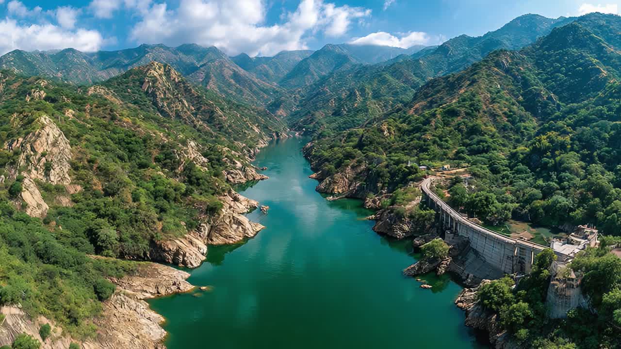 A Serene Aerial View of a Tranquil River Flowing Through Lush Green Mountains Under a Bright Blue Sky with Fluffy Clouds, Emphasizing Nature's Beauty and Peacefulness