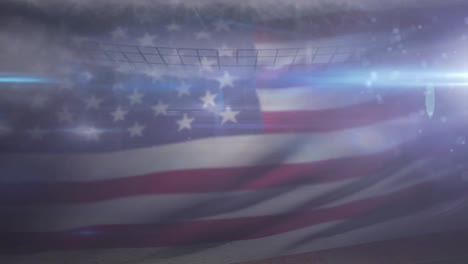 animation of usa flag floating over american football stadium