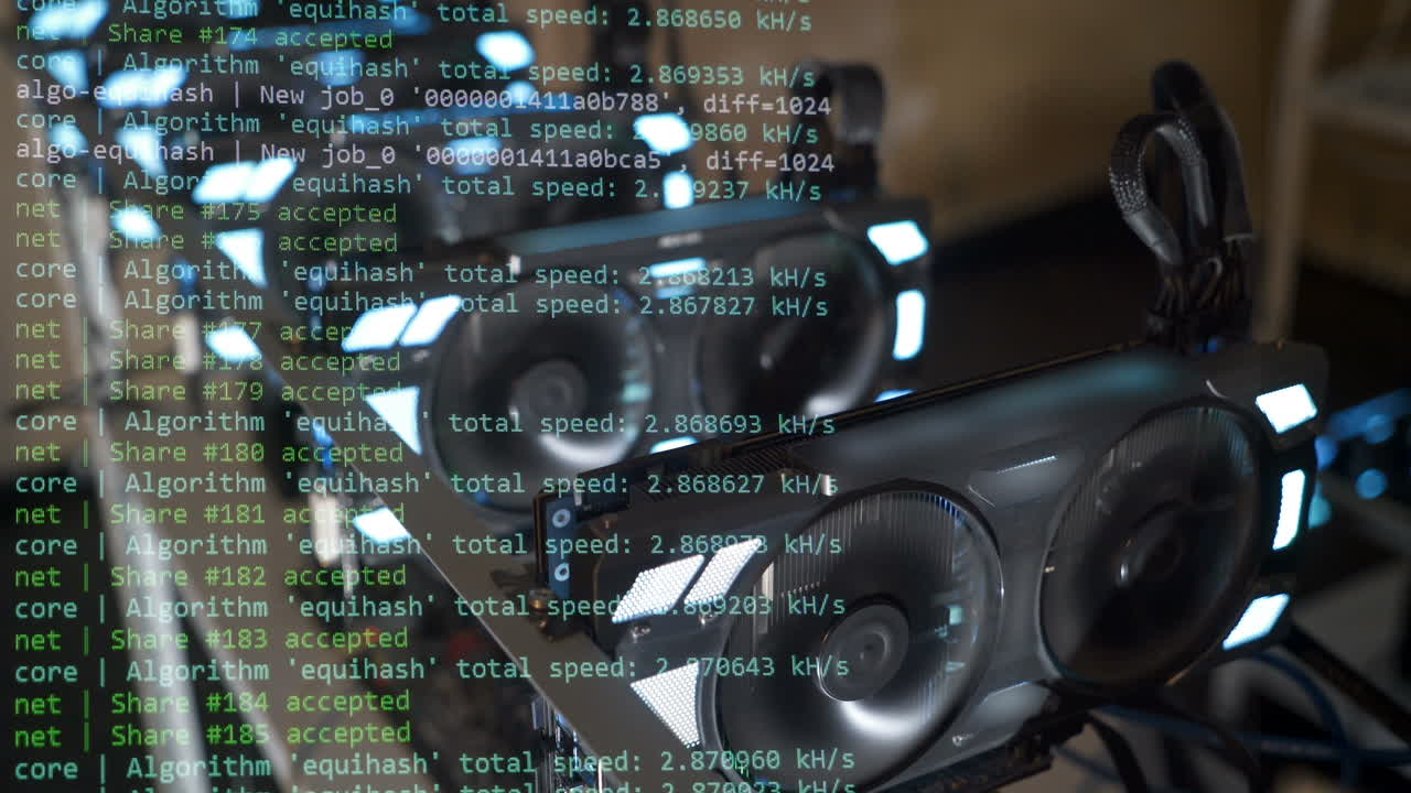 Image of the program code showing the process of mining the crypto currency in the background farm from video cards. Bitcoin.