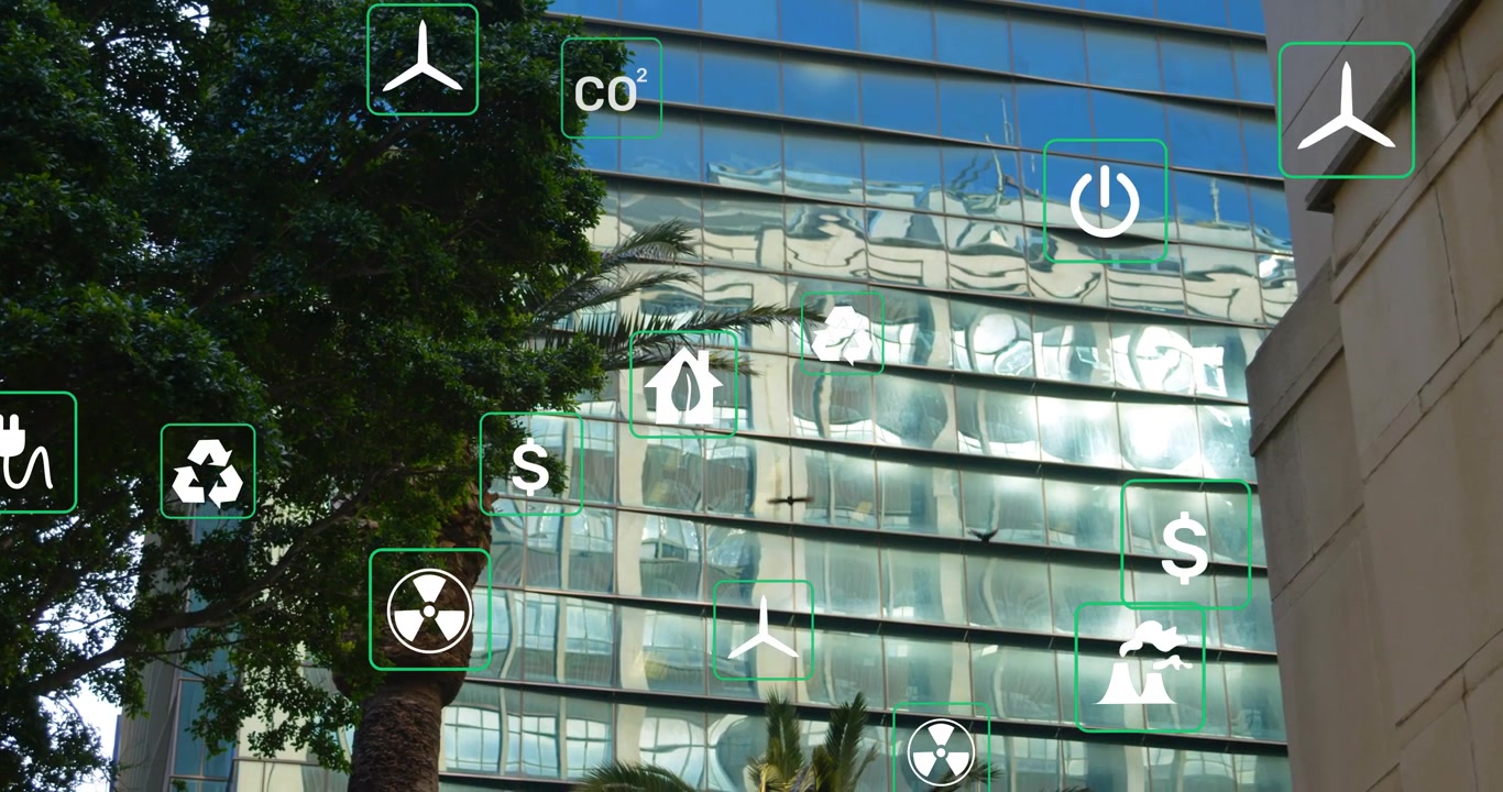 Vertical video: recycle wind icons appearing on glass tower as camera panning right, showing energy