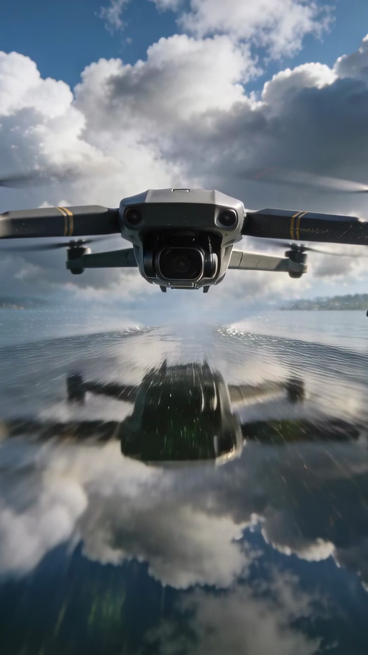 Vertical video: Motors spinning, folding drone moving over calm water, reflecting gimbal and clouds