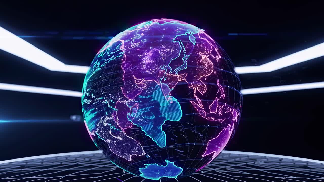 Futuristic video concept of a glowing digital globe with a close-up angle, showcasing neon pink