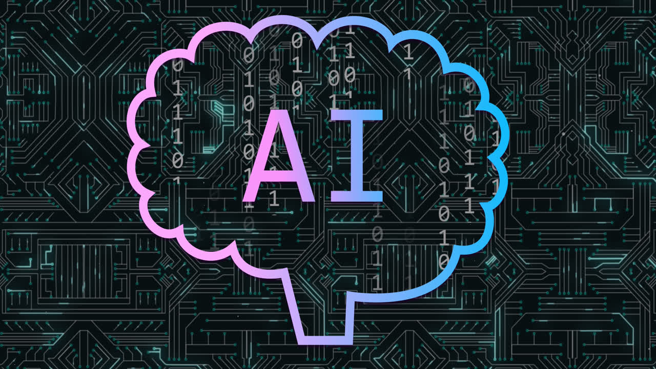 Animation of ai text, icons and data processing over circuit board