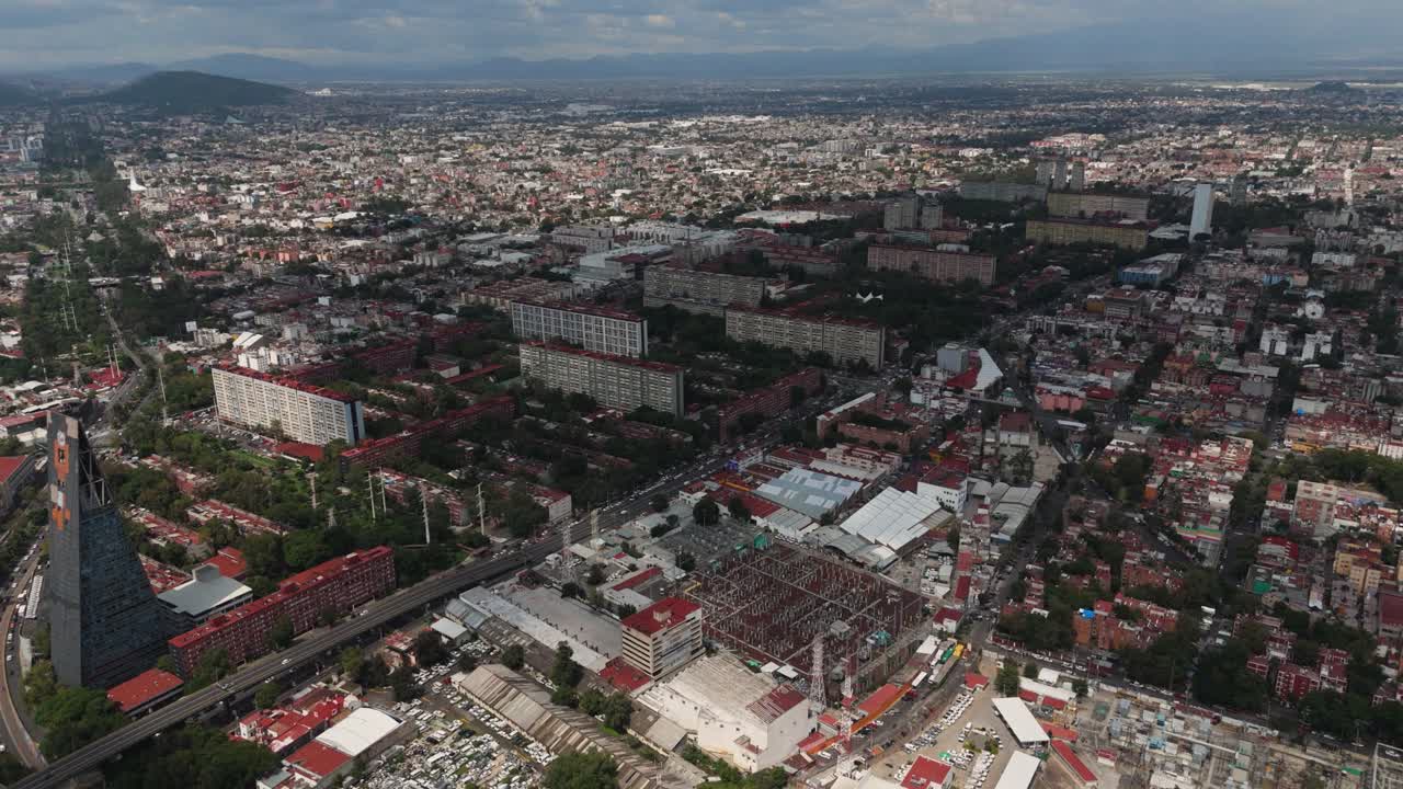 Drone footage of Tlatelolco, as the camera flies backward