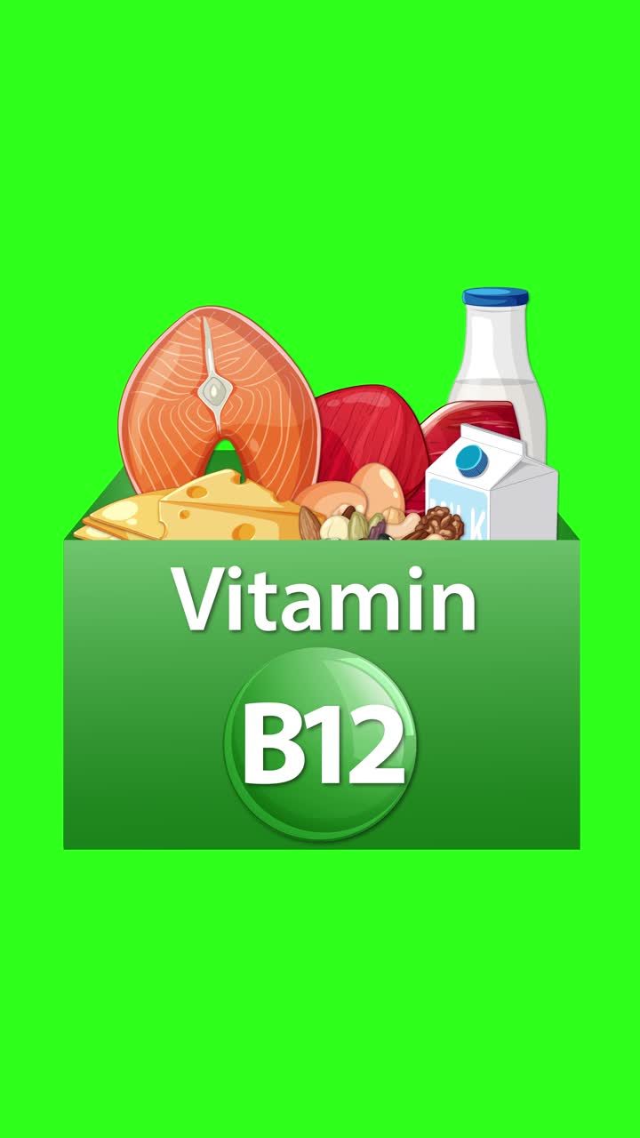Una scatola verde rivela l'etichetta della Vitamina B12 e le sue fonti alimentari, animazione verticale fluida, illuminazione brillante.