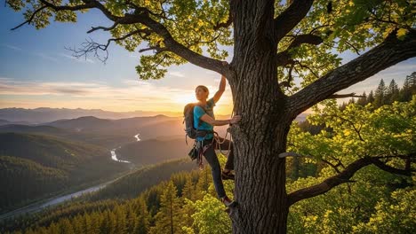 adventurous climber meticulously ascends a sturdy tree amidst breathtaking mountain landscape at sunset, showcasing nature's majestic beauty and serenity