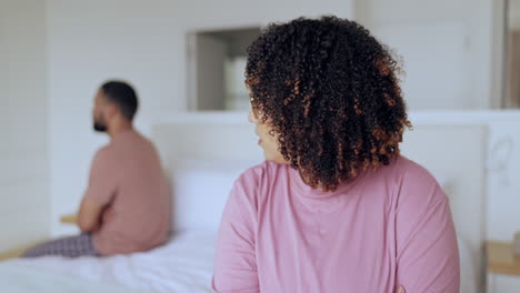 Woman,-angry-and-conflict-of-couple-in-bedroom