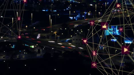 animation of connected icons forming globes over time-lapse of moving vehicles on bridge in city