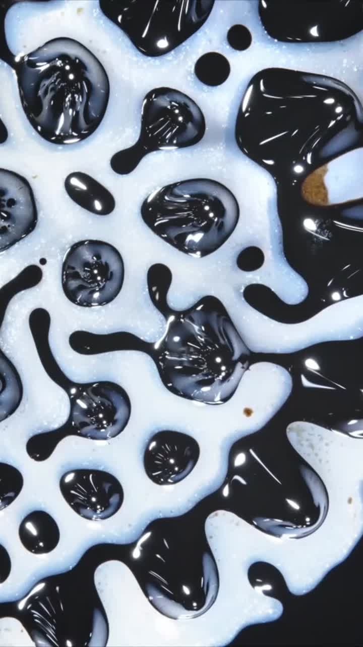 Gocce astratte di liquido nero che si muovono e si fondono su una superficie bianca.