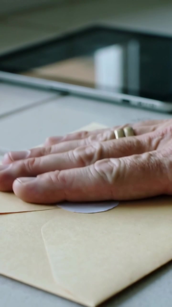 Video verticale: Una mano anziana prende un sigillo e preme una busta Manila sulla scrivania, sigillandola, con un tablet.