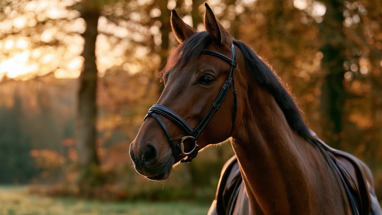 Primo piano mozzafiato di un maestoso cavallo nella luce autunnale, che cattura la bellezza e l'eleganza della grazia equina su uno sfondo naturale dorato.