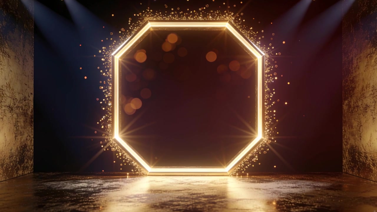 Anello neon ottagonale pulsante che si illumina sul palco, emettendo scintille, sfere bokeh e fasci di luce.