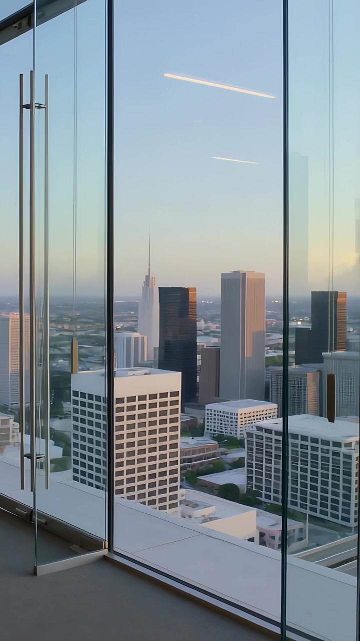 Vídeo vertical: Câmera panorâmica revelando o horizonte do centro da cidade através de uma parede de vidro, capturando luz quente.