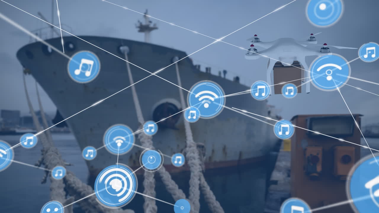 항구 위의 아이콘과 함께 연결 네트워크와 디지털 드론의 애니메이션