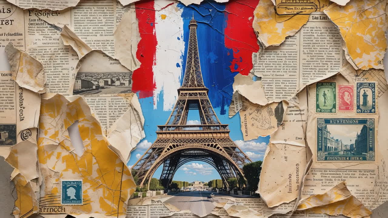 Eiffel Tower Artistic Collage with French Flag and Vintage Newspaper Background