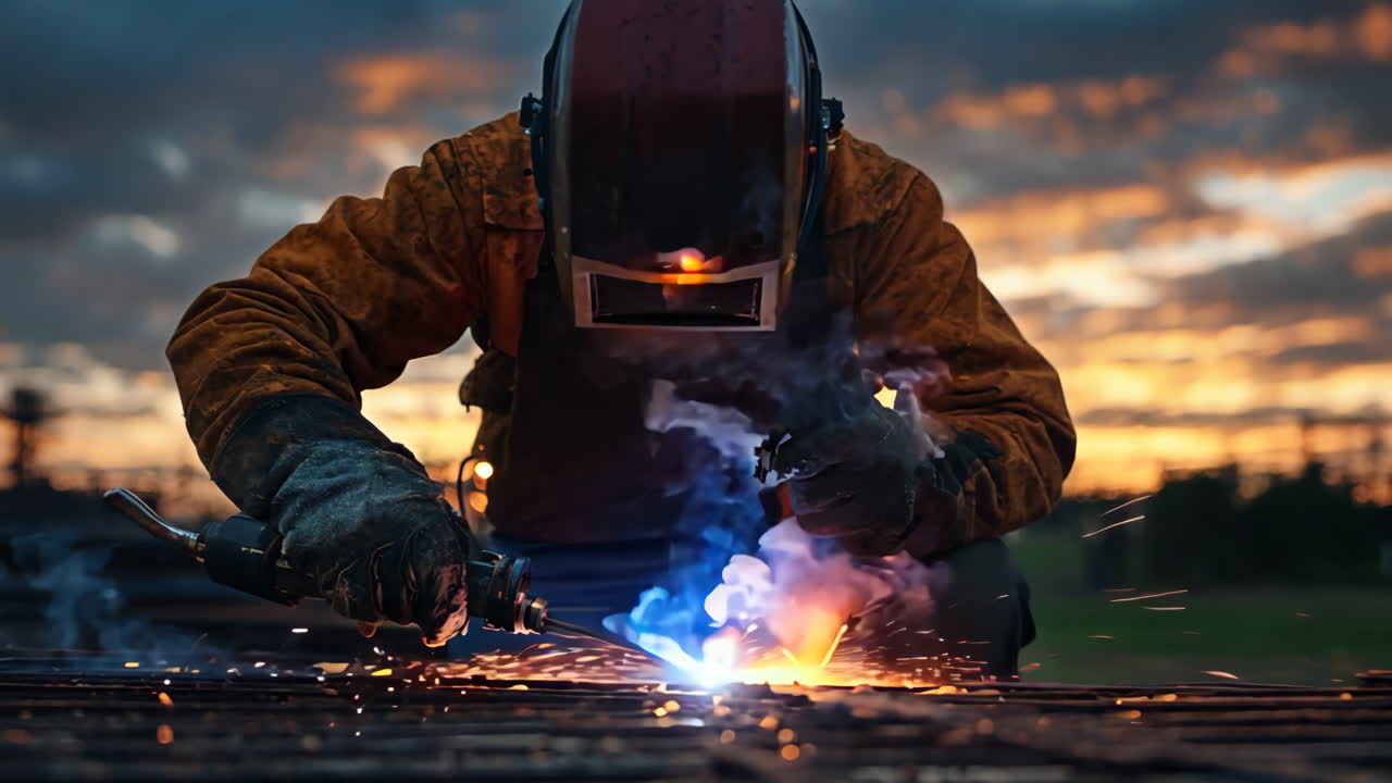A man in a yellow jacket is working with a piece of machinery that is creating sparks. The scene is set against a backdrop of a cloudy sky, which adds a sense of drama and intensity to the image