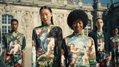 stylish models showcase vibrant fashion collection in historic setting, highlighting artistic designs and bold patterns for a stunning visual experience