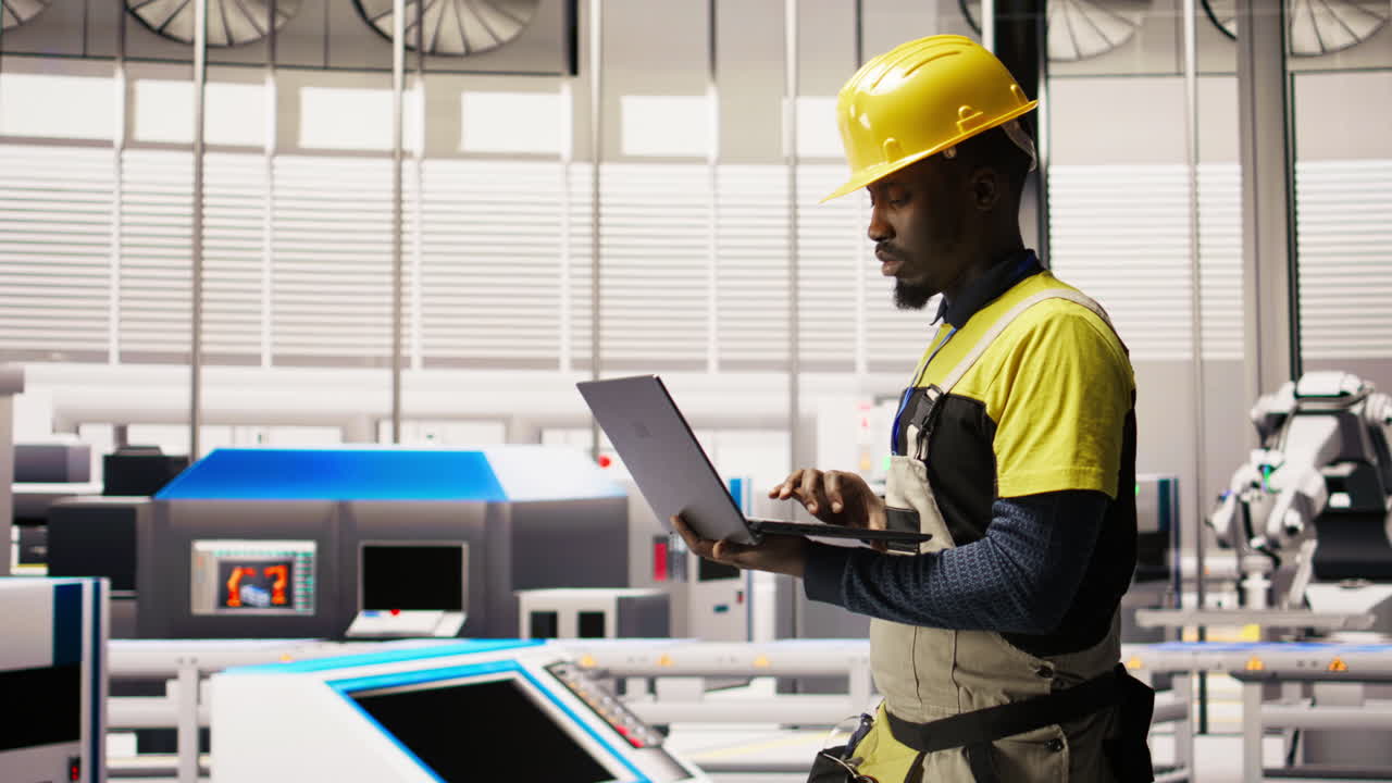 Vertical video Engineer inspecting solar panel production lines using laptop