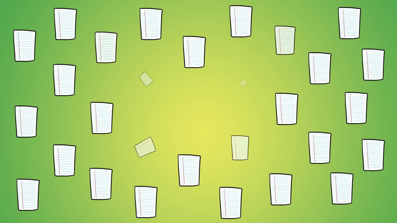 animación digital de múltiples iconos de lápiz y papel contra un fondo de degradado verde