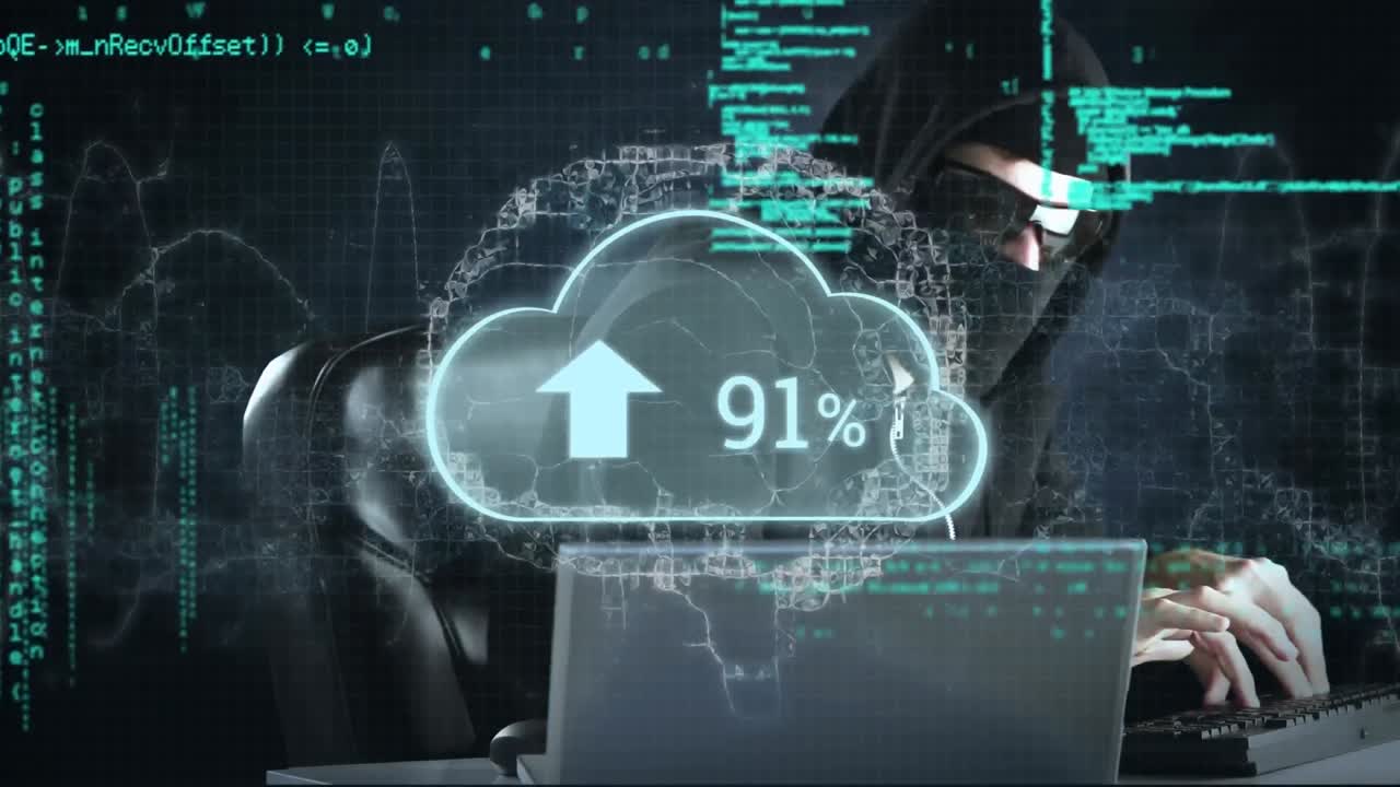 Animation of cloud with growing number over digital brain, hacker using laptop and data processing