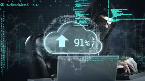 animación de la nube con un número creciente de cerebros digitales, hackers que usan computadoras portátiles y procesamiento de datos
