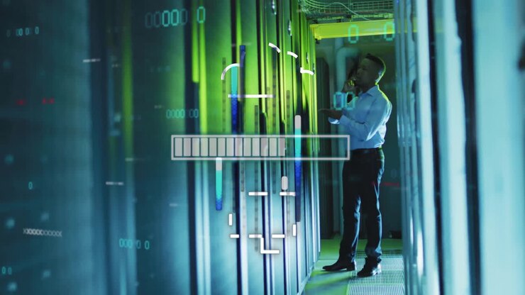 Man talking on phone in server room, data processing animation over servers