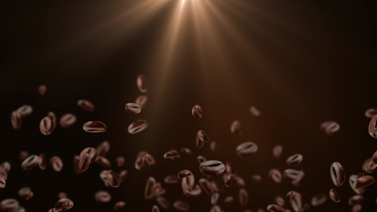 Chicchi di caffè che schizzano su uno sfondo nero in loop. Cumulo di chicchi di caffè neri. Animazione in loop.