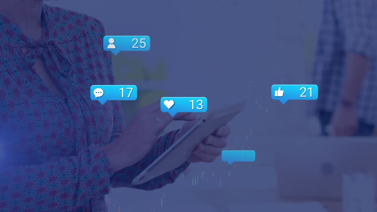 Animation of media icons over caucasian businesswoman using tablet