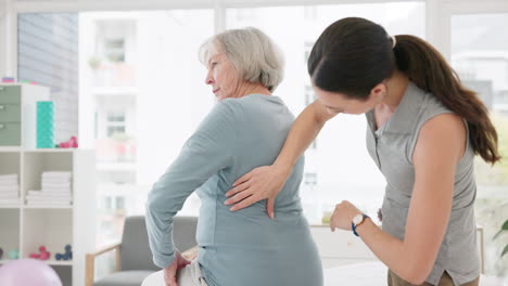 woman, physiotherapist and back rehabilitation