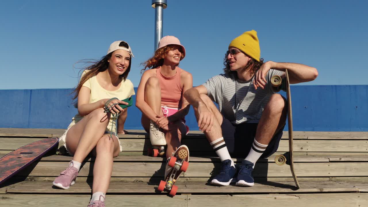 Amici che si divertono con skateboard e pattini a rotelle