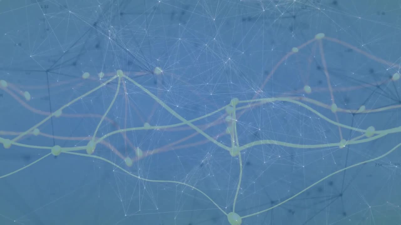 Network animation forming waveform after yellow lines glowing and nodes pulsing showing data flow